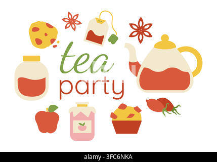 Collection Tea Party - food and drink. Muffins, tea, jam. Rosehip and apple. Vector illustration Stock Vector