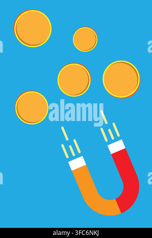 Colorful magnet attracting coins and money, representing wealth, finance, savings, business success, investment, and financial growth. Stock Vector