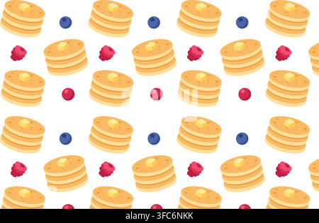 Delicious seamless pancake pattern with syrup and colorful toppings, perfect for breakfast packaging, menus, fabric, wallpaper, and food branding. Stock Vector