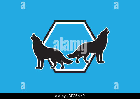 Premium wolf silhouette logo vector illustration featuring two howling wolves against a modern hexagonal background. Stock Vector