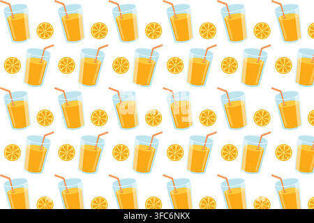Fresh seamless orange juice pattern with glasses and citrus details, perfect for beverage packaging, menus, fabric, wallpaper, and advertising. Stock Vector