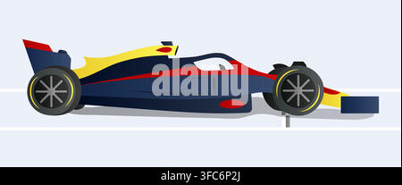Dark blue sports car wins the Formula 1 track. The car crosses the finish line. Grand Prix victory. Side view. Gradient colors. Vector illustration Stock Vector