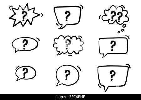 Hand drawn question marks inside speech bubbles in doodle style, isolated on a white background. Creative communication and inquiry symbols ideal for Stock Vector