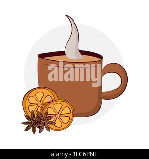 A cup of hot drink with cinnamon stars, anise and orange slices. A mug of tea or coffee. Vector isolated illustration Stock Vector