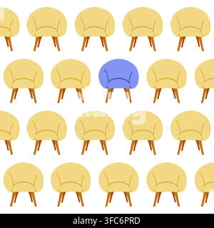 Illustration of yellow armchairs in a row and one unique purple armchair on a white background. Home furniture. Not like everyone else, individuality. Stock Vector
