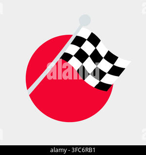 Checkered Finish Flag in a red circle. Racing competitions, motorcycle racing. Waving black and white flag. Victory, end of the race. Color image on a Stock Vector