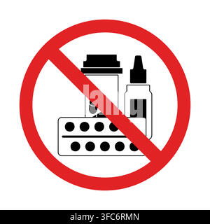 Medicines are crossed out. Prohibited pills icon or sign. Tablets, nasal drops, antibiotics. You cant take medicine. Do not self-medicate. Isolated. V Stock Vector
