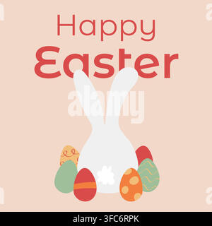 White rabbit around Easter eggs Illustration. Congratulations Happy Easter. The hare sits on its back. Colored and patterned eggs. Vector illustration Stock Vector