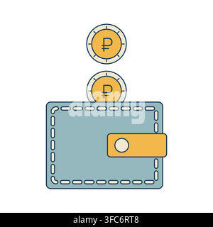 Rubles fall into the Wallet. Russian Coins are piling up in the Blue Wallet. Home finance, Salary, Savings. Finance, economics. Vector isolated illust Stock Vector