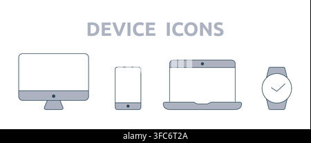 Device icons - computer, phone, laptop and watch. Set of Technics, electronics and technologies. Outline icons with filled parts. Icons for the site. Stock Vector