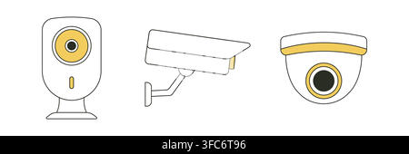 Collection of surveillance cameras of different types. Safety system. Cylindrical, spherical and desktop camera. Contour with colored parts. Vector il Stock Vector