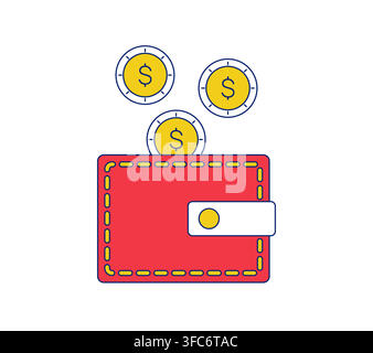 Dollars fall into the wallet. Gold coins are piling up in a red purse. Home finance, Salary, Savings. Finance, economics. Vector isolated illustration Stock Vector