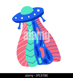Psychedelic UFO. Isolated Alien Ship. Flying saucer with abstract light and spots on a white background. Space Fantasy. Acid colors Psycho. Vector ill Stock Vector