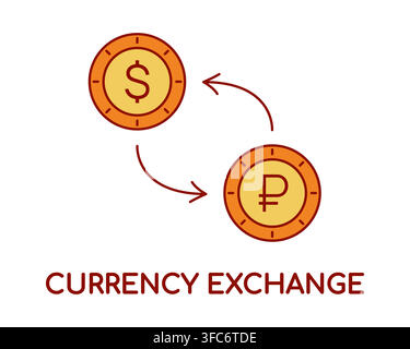 Converting Dollar to Ruble. Coins with arrows in a circle. Text Currency Exchange. Money, economy, finance, bank. Isolated outline icon, flat style. V Stock Vector