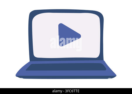 Doodle Laptop with play button on video. Technology with keyboard and screen. Watching a movie. Isolated object. Color image - blue shades. Vector ill Stock Vector