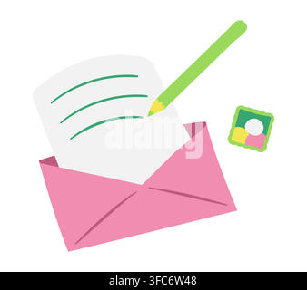 Write a letter and send it in an envelope. Postage stamp and pencil. Sending letter. Offline communication, friendly or love correspondence. Without p Stock Vector