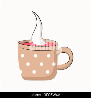 Cozy mug with hot raspberry tea. Beige cup in circles. Dishes with hot fragrant drink. Home atmosphere, indoors. Isolated item. Flat design with outli Stock Vector
