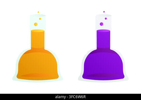 Realistic flasks with liquids. Chemical test tube with bright Substances with bubbles. Glass container. Gradient colors - orange, purple. Experiments, Stock Vector