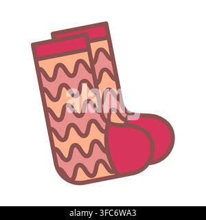 Pair of striped socks Warm clothes with a wave pattern. Color image with stroke. Knitted woolen socks for autumn and winter. Isolated item. Vector ill Stock Vector