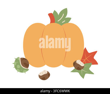 Pumpkin with chestnuts and leaves. Autumn warm illustration. Vegetables and nuts. Farm harvest. isolated object. Soft colors. Vector illustration. Stock Vector