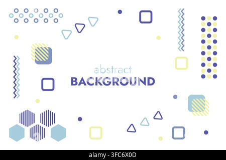 Abstract background of geometric shapes. Back in purple and yellow. Memphis style. Striped polygons. Triangles, circles and squares. Zigzags, lines an Stock Vector