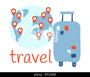 Trip around the planet. Suitcase with stickers. Location on earth. Red Pins on the map. Travel text. Tourist luggage. Journey theme. Vector illustrati Stock Vector