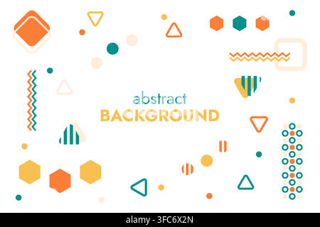 Abstract background of geometric shapes. Wallpaper in orange and green. Memphis style. Triangles, circles and polygons. Zigzags, lines and waves. Stri Stock Vector