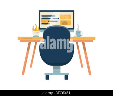 Workplace of a developer or designer. Website development. Monoblock, computer or monitor. Office chair and table. Indoor plant. Cup of coffee. Remote Stock Vector
