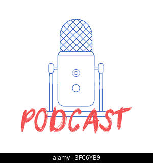 Podcast Logo Contour Microphone. Realistic Mic for streaming and broadcasting. Outline image on white background with handwritten word Podcast. Vector Stock Vector