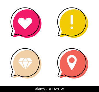 Set of bubbles with icons - heart, exclamation point, diamond, pin. Online conversation. Colored speech with white symbols on a white background. Isol Stock Vector