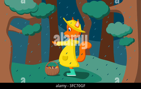 Illustration of a squirrel in a yellow coat in the forest in the rain. The beast collects mushrooms in a basket. Children image. Flat design. Vector i Stock Vector