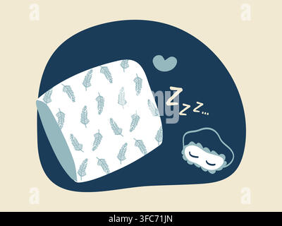 Sleep and rest illustration. White pillow with feather patterns, sleep mask on a blue background. Sleep sound and heart. Vector illustration Stock Vector