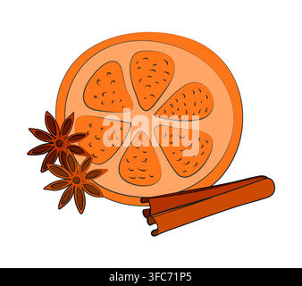 Illustration of a slice of orange, star anise and cinnamon sticks. Set for mulled wine. Spices for Christmas drinks and pastries. Vector illustration. Stock Vector
