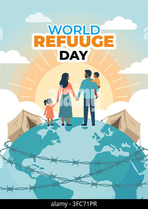 Family stands united on globe, holding hands Stock Vector