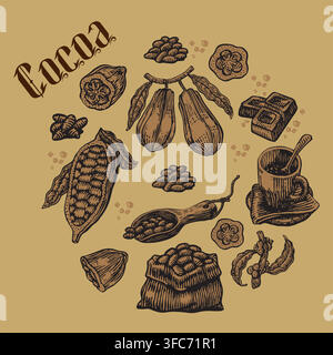 Cocoa beans, pods, and chocolate in vintage hand-drawn style Stock Vector