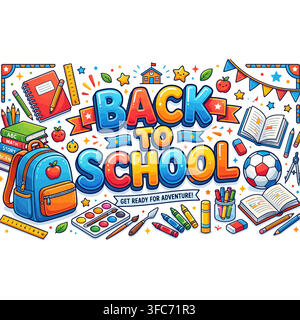 Bright, cheerful cartoon design with "Back to School" text Stock Vector