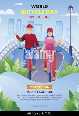 Two cyclists wave cheerfully on a sunny city path Stock Vector