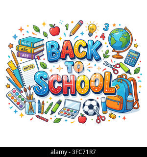 Back to school theme with colorful cartoon items Stock Vector