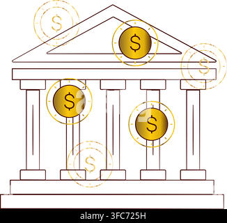 Bank building and coins. Outline Greek Temple - bank symbol. Golden Gradient Coin with Dollar Currency Symbol. Finance and Economics. isolated object. Stock Vector