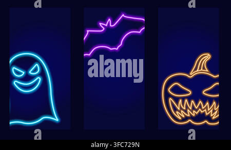 Collection of web banners for Halloween in neon colors. Ghost, bat, pumpkin. Symbols of the All Saints Eve holiday in the social network. Glow on dark Stock Vector