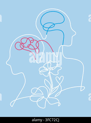 mental health psychotherapy, bipolar, cognitive behavior concept one line drawing continuous. flower blooming mind, self-love and positive thinking li Stock Vector