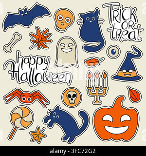 Cute Halloween items - sweets, black cat, pumpkin, bones, leaves, spider. Lettering. A set of stickers in the theme of the holiday. Vector illustratio Stock Vector