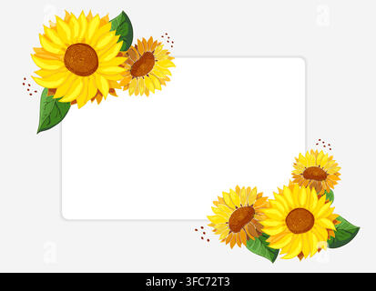Sunflowers with frame for text. White invitation card template with place for text. Like watercolor. Border with summer bright wildflowers. Bouquet of Stock Vector