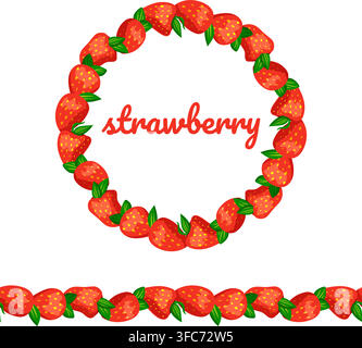 Seamless brush and wreath with bright red strawberries. Strawberry Text. Vector illustration Stock Vector