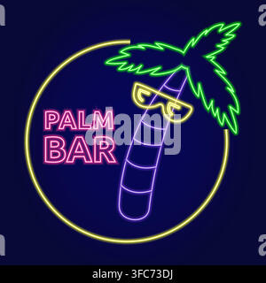 Neon illustration of a palm tree with glasses in a circle with the text Palm bar. Logo or sign for the bar. Vector illustration Stock Vector