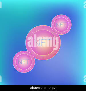 Coins with NFT text on gradient background. Cryptographic token. NFT collection of virtual images, artistic creation. Cryptocurrency, blockchain. Copy Stock Vector