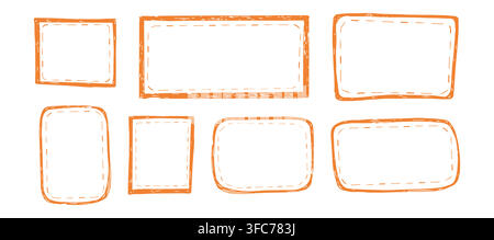 Text box doodle frame set with stitched border. Dashed line decoration. Hand drawn doodle rectangle frames. Simple and elegant outlines featuring wavy, curly, and dashed lines. Vector illustration Stock Vector