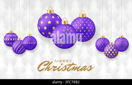 Luxurious Purple Christmas Ornaments Hanging with Golden Designs on a Subtle Patterned Background, Elegant Holiday Greeting Vector. Stock Vector