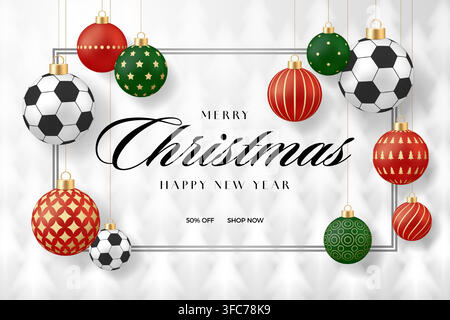Festive Christmas and New Year greeting with hanging ornaments, including unique soccer balls, on a white promotional background.. Stock Vector
