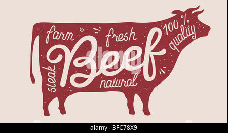 Cow, beef, lettering. Silhouette cow, lettering Beef Stock Vector